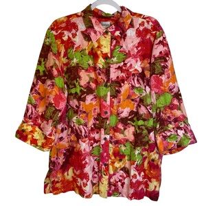 Chicos 100% Linen Vibrant Abstract Floral Blouse Sz 3 (XL)